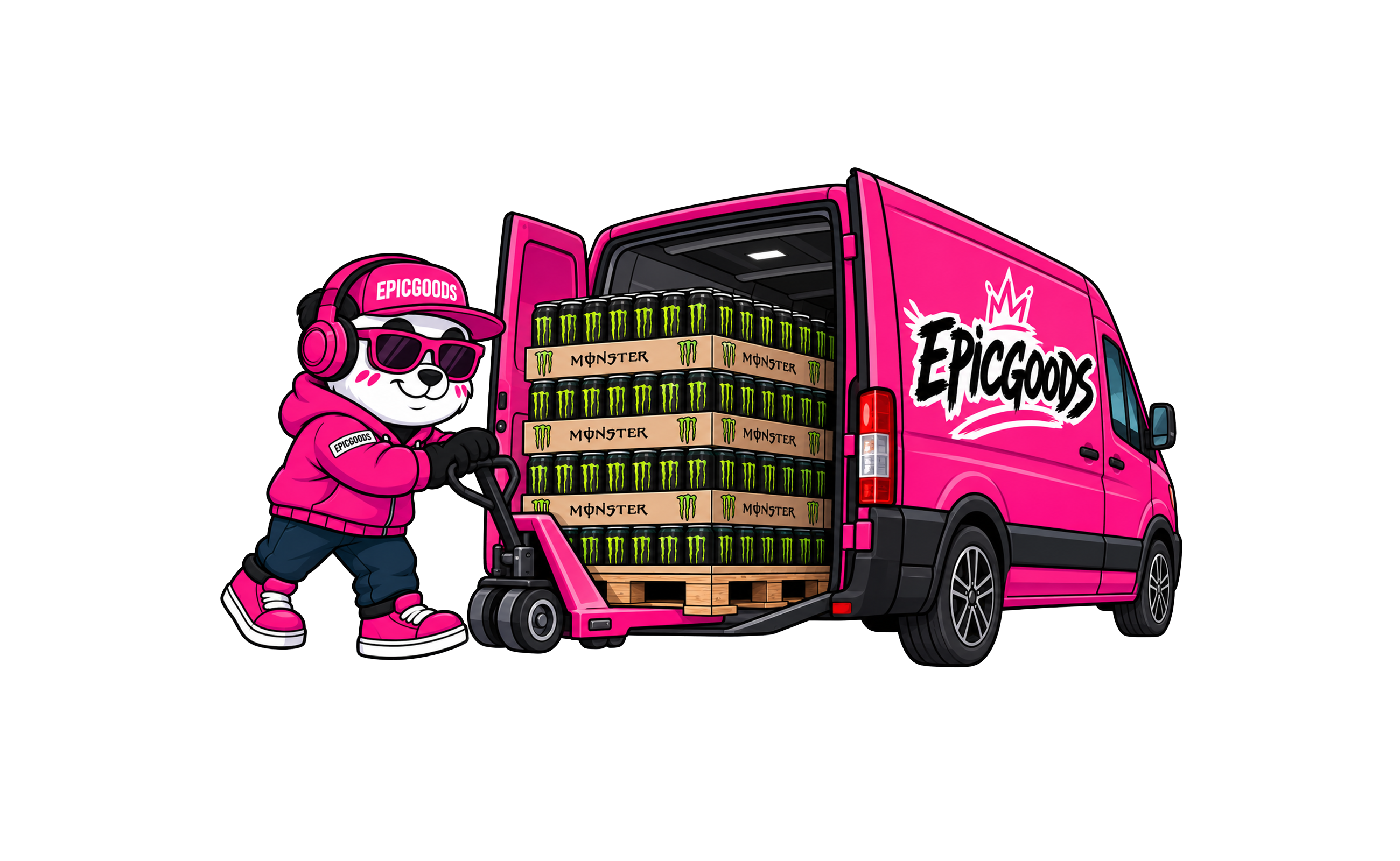 EPICGOODS panda s paletou nápojov pri ružovej dodávke